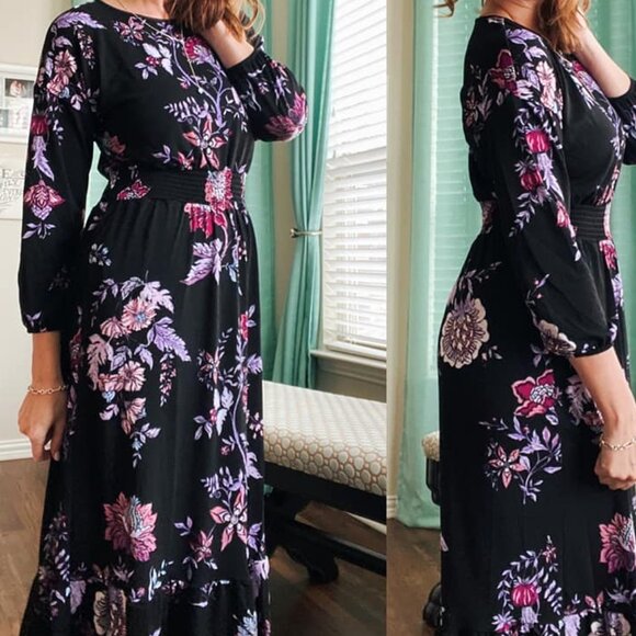 NEW NWT Tags LuLaRoe Evelyn Smocked Waist Maxi Dress Long Sleeve Black Floral - Picture 7 of 8